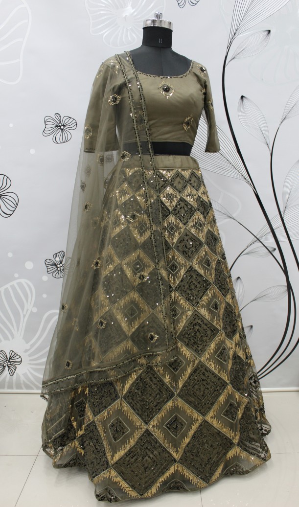 Lehenga Choli in Olive green Net with Embroidered